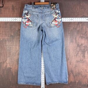 Ed Hardy Y2K Buckle Back Denim Jeans Size 32x32 Wide Leg Baggy JNCO Born Free